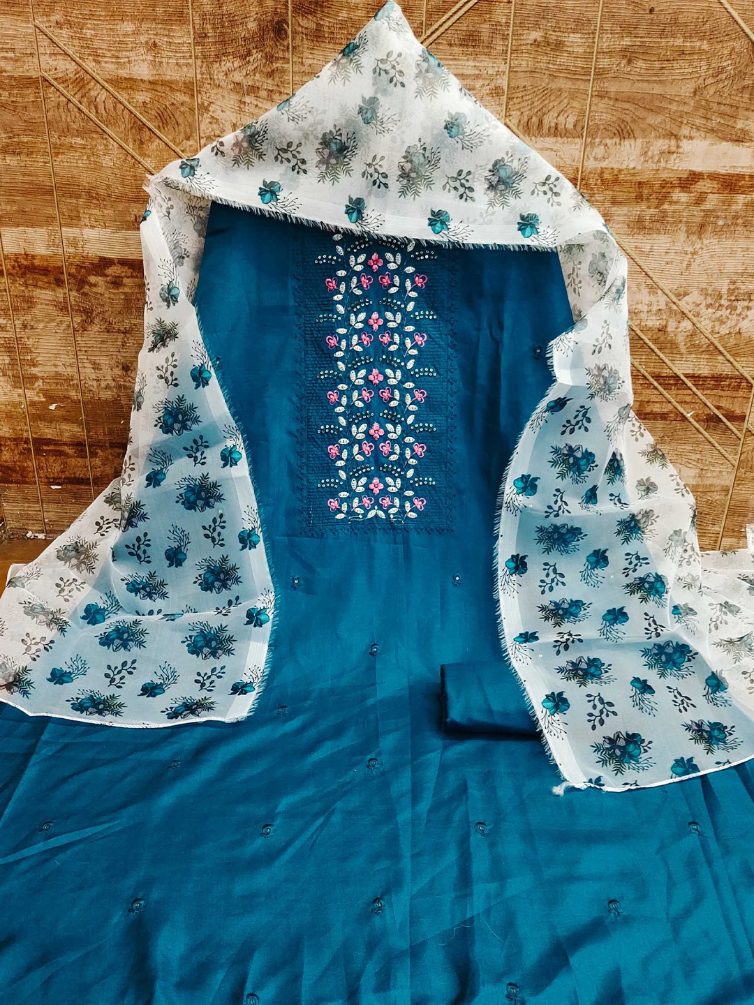 

KALINI Ethnic Motifs Embroidered Sequinned Detailed Unstitched Dress Material, Blue