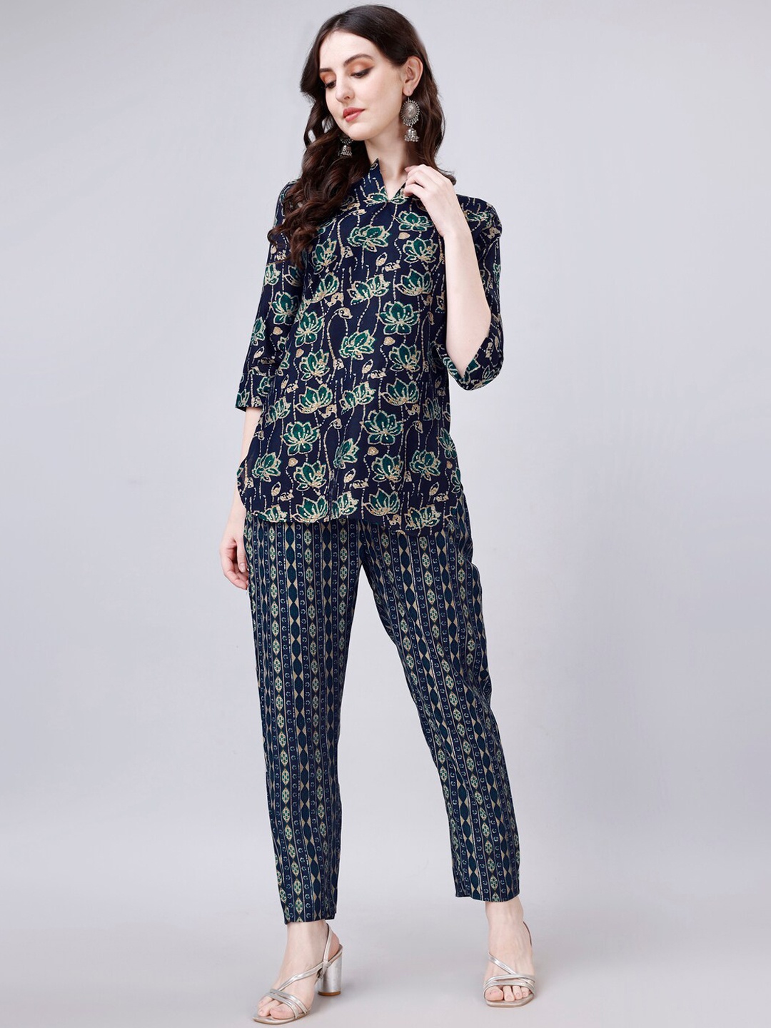 

Modestouze Attires Printed Pure Cotton Shirt With Trousers, Blue