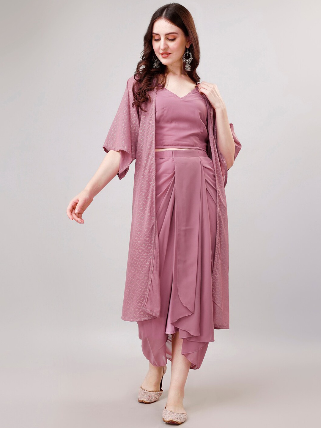 

Modestouze Attires V-Neck Crop Top With Shrug & Skirt, Purple