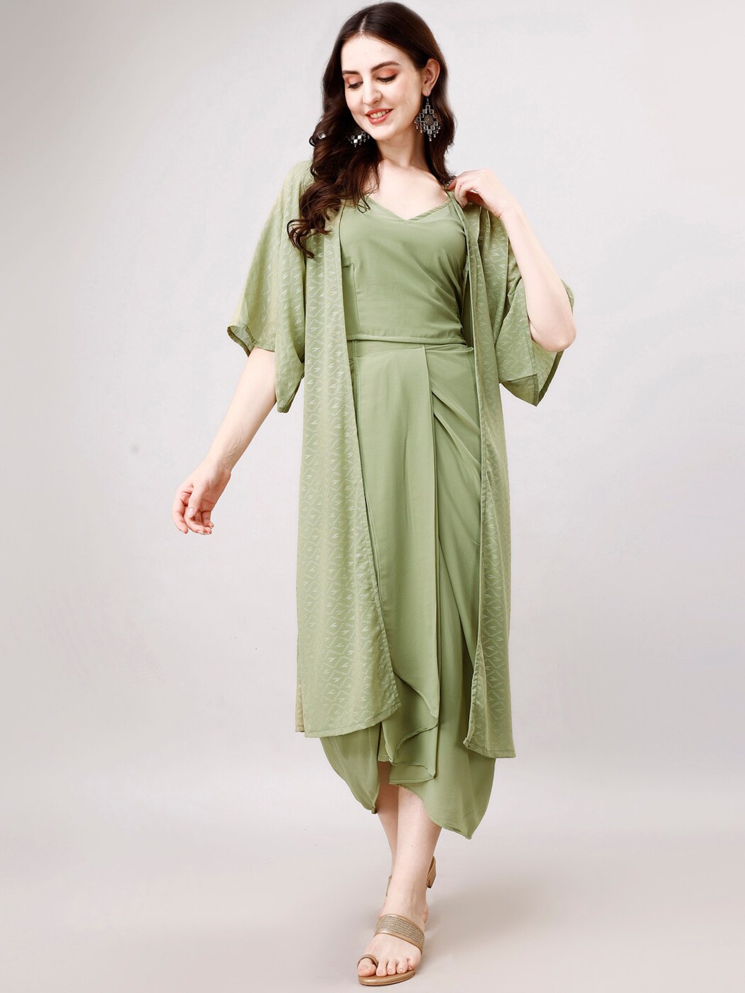 

Modestouze Attires V-Neck Crop Top With Skirt & Jacket, Olive