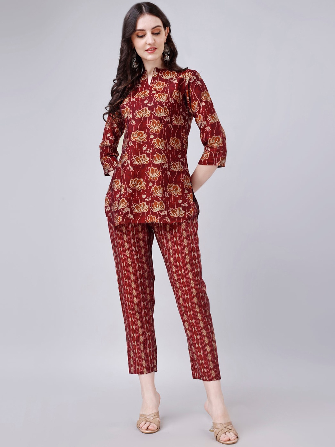 

Modestouze Attires Printed Pure Cotton Top With Trousers, Maroon