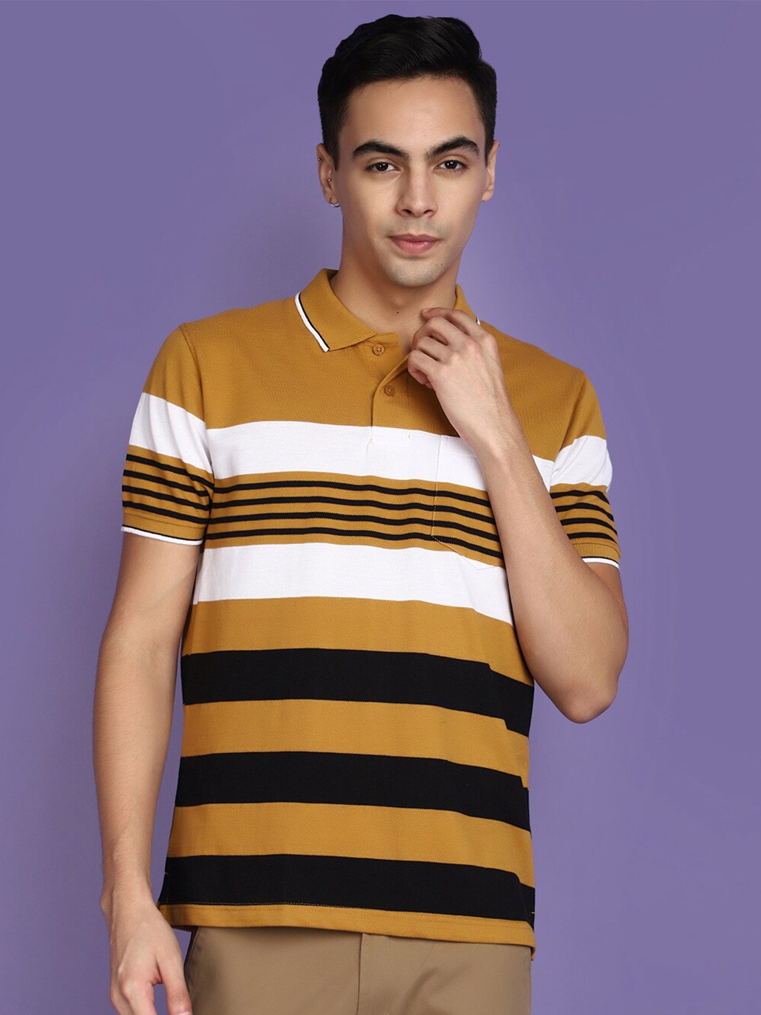 

V-Mart Cotton Striped Polo Collar T-shirt, Yellow