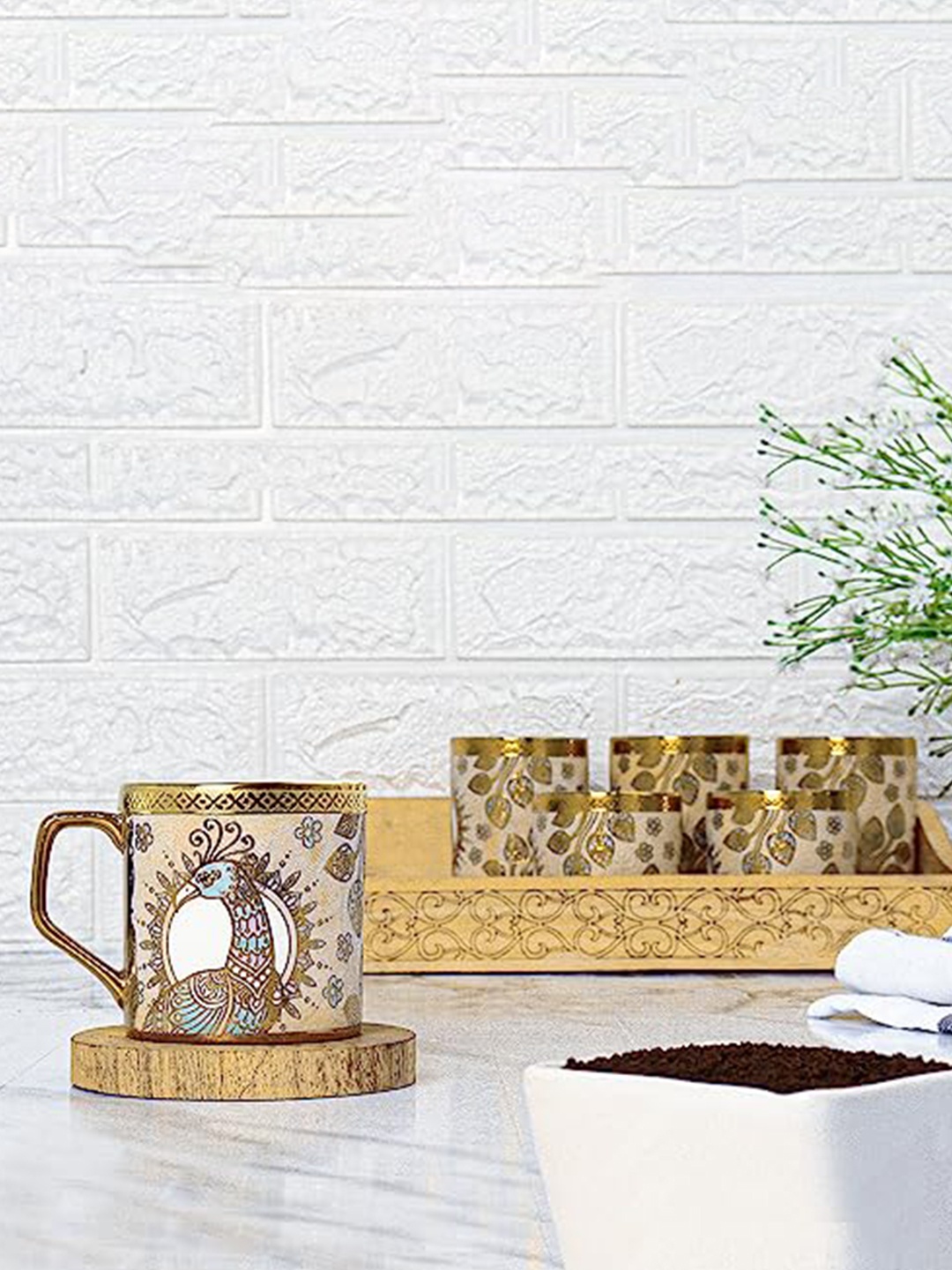 

Femora Gold-Toned 6 Pieces Peacock Printed Bone China Glossy Mugs 180 ML Each