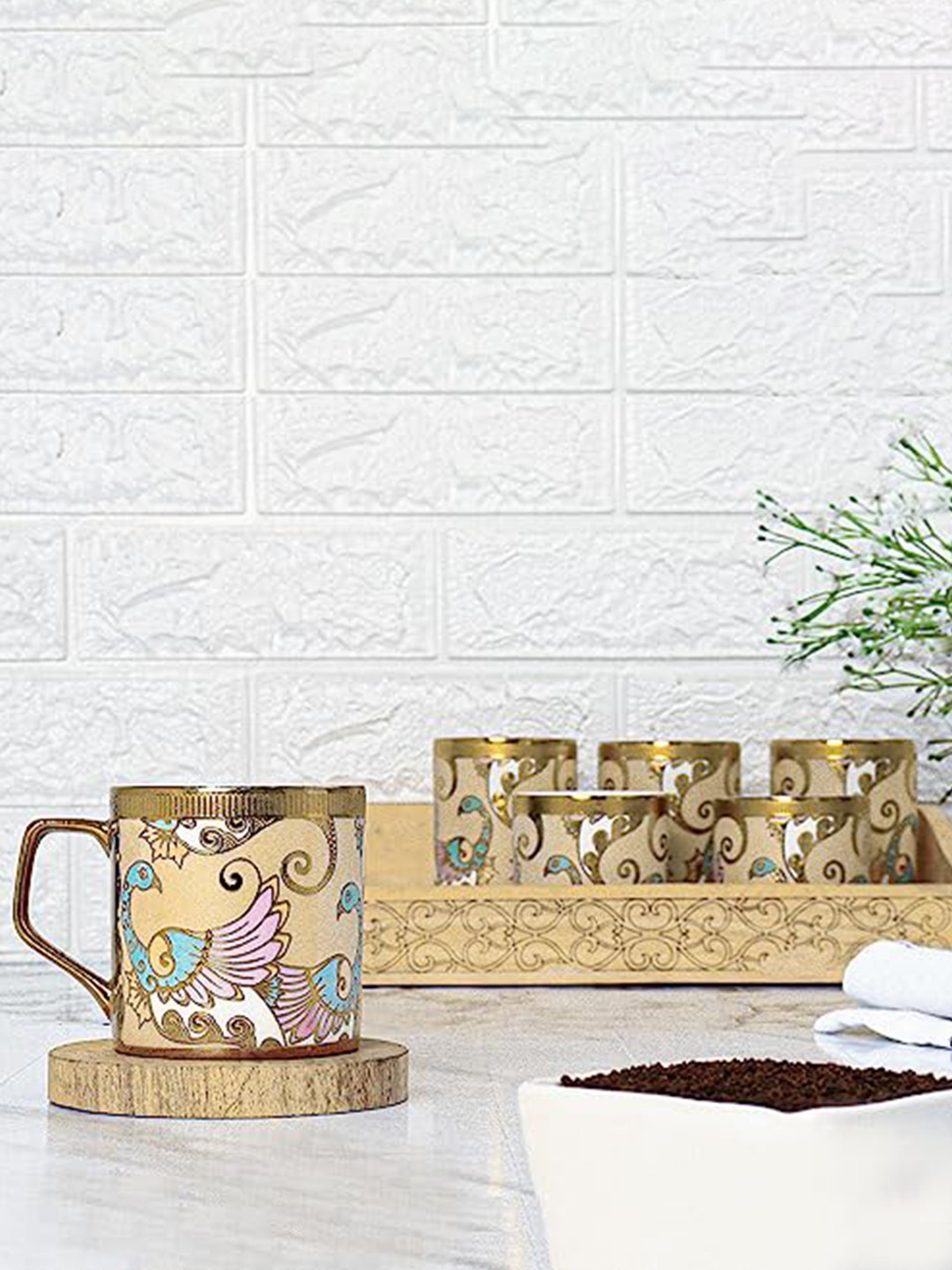 

Femora Gold-Toned 6 Pieces Peacock Printed Bone China Glossy Mugs 180 ML Each
