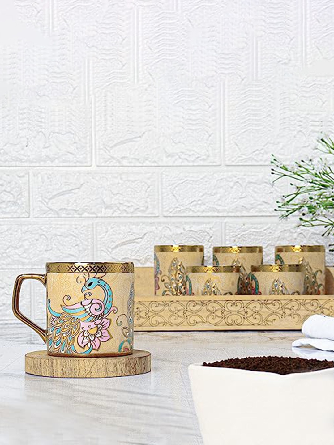 

Femora Gold-Toned 6 Pieces Peacock Printed Bone China Glossy Mugs 180 ML Each