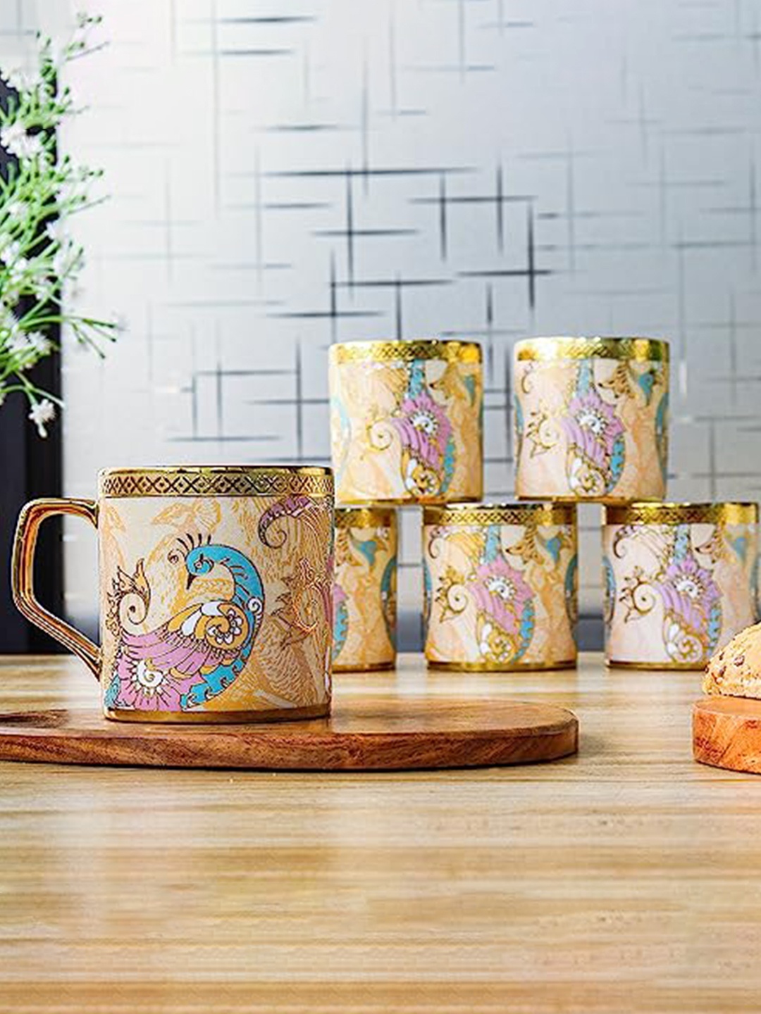 

Femora Gold-Toned 6 Pieces Peacock Printed Bone China Glossy Mugs 180 ML Each