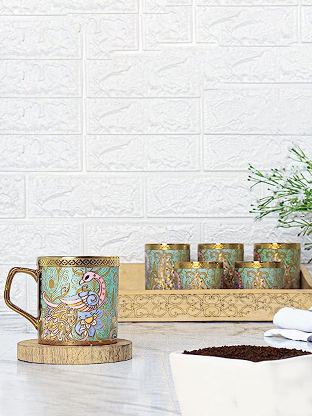 

Femora Green & Gold toned 6 Pcs Ethnic Motifs Printed Bone China Glossy Mugs 180ml