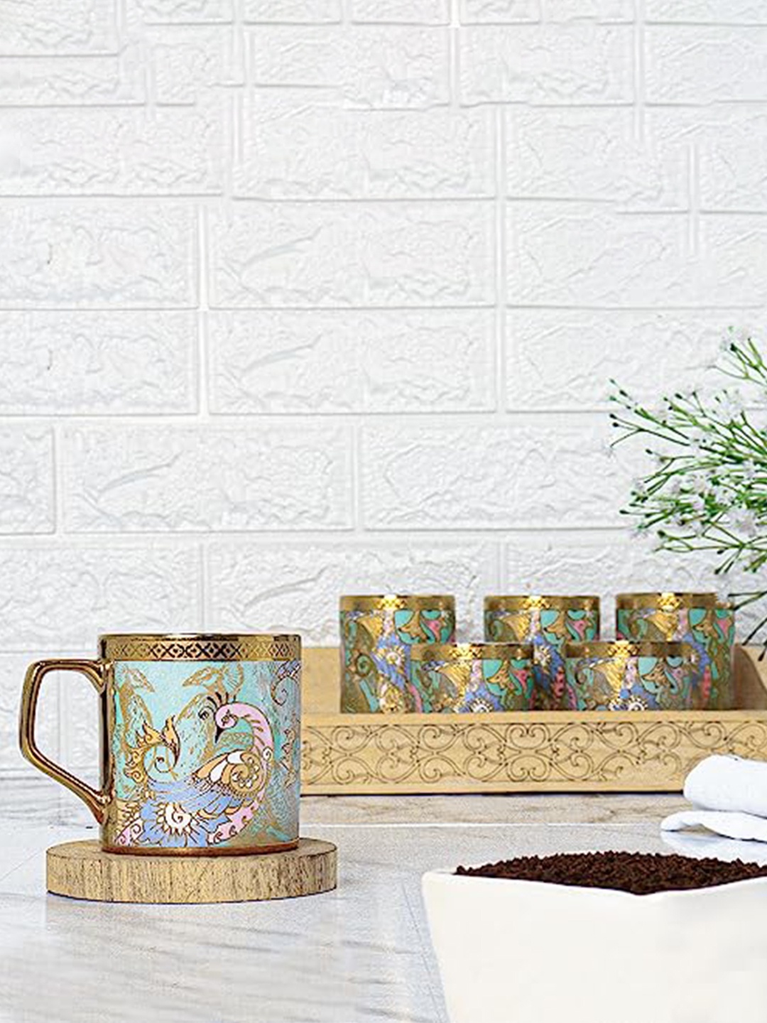 

Femora Green & Gold toned 6 Pcs Ethnic Motifs Printed Bone China Glossy Mugs 180ml