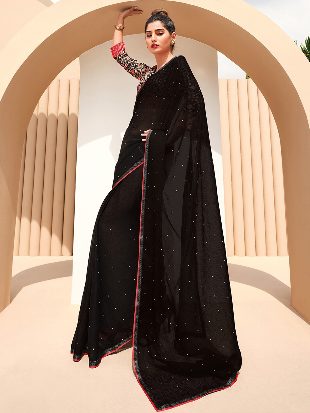 

SANSKAR Embellished Mukaish Saree, Black
