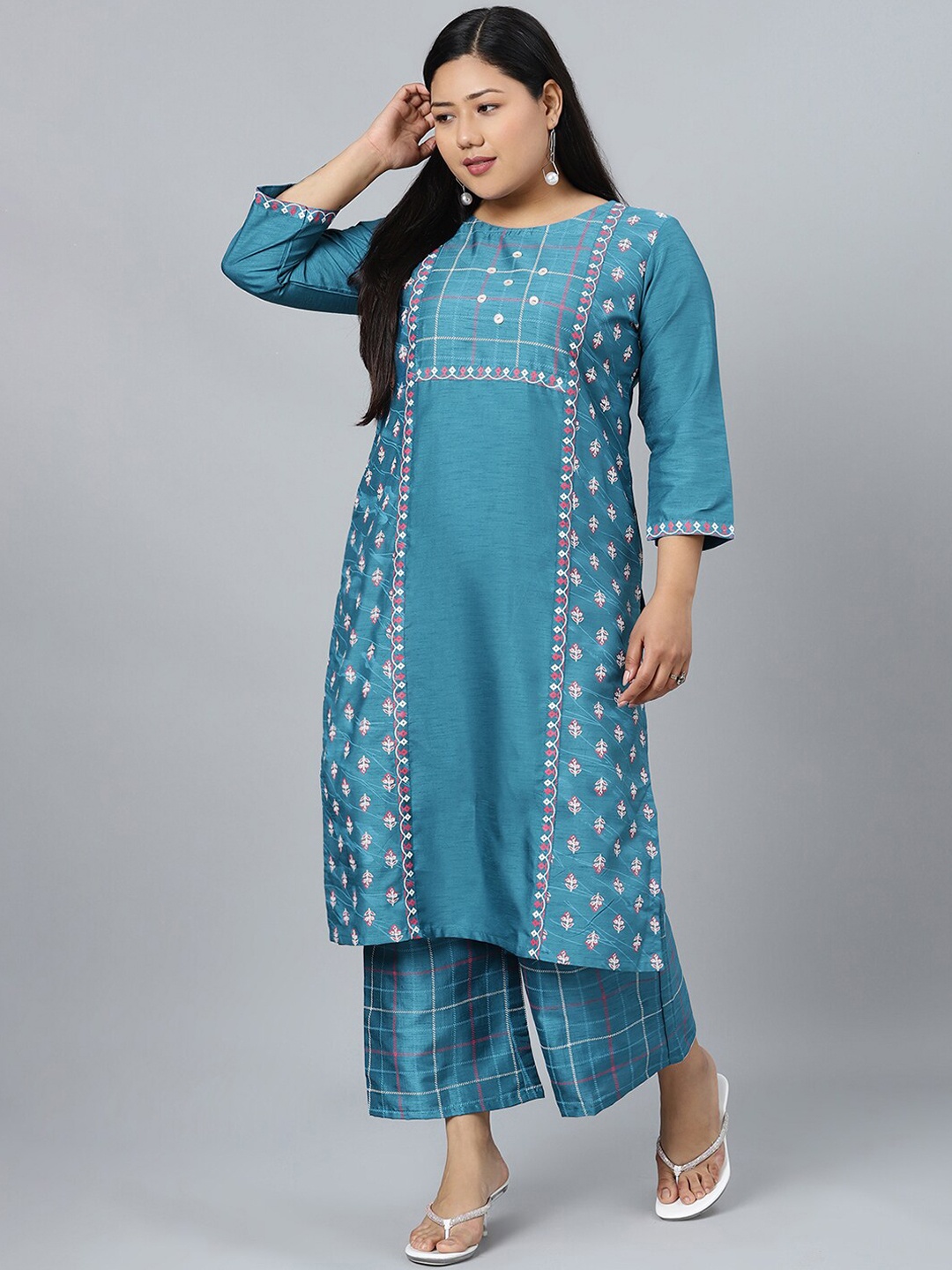 

Sztori Floral Printed V Neck A-Line Kurta with Palazzo, Blue