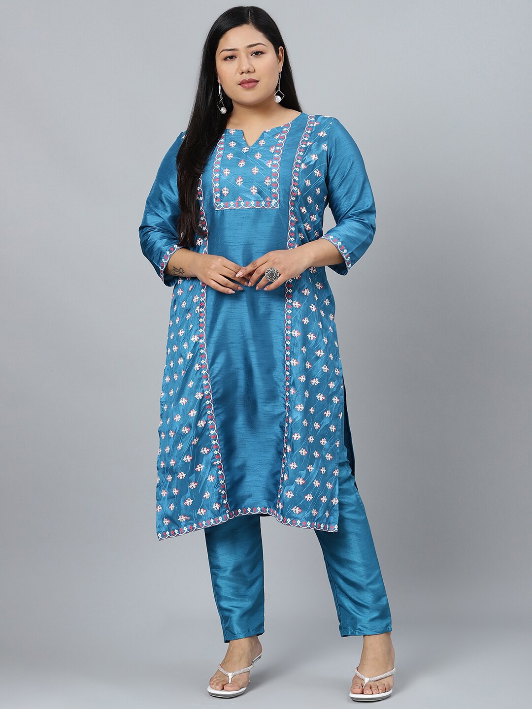 

Sztori Floral Printed Notched Round Neck Straight Kurta with Pant, Blue