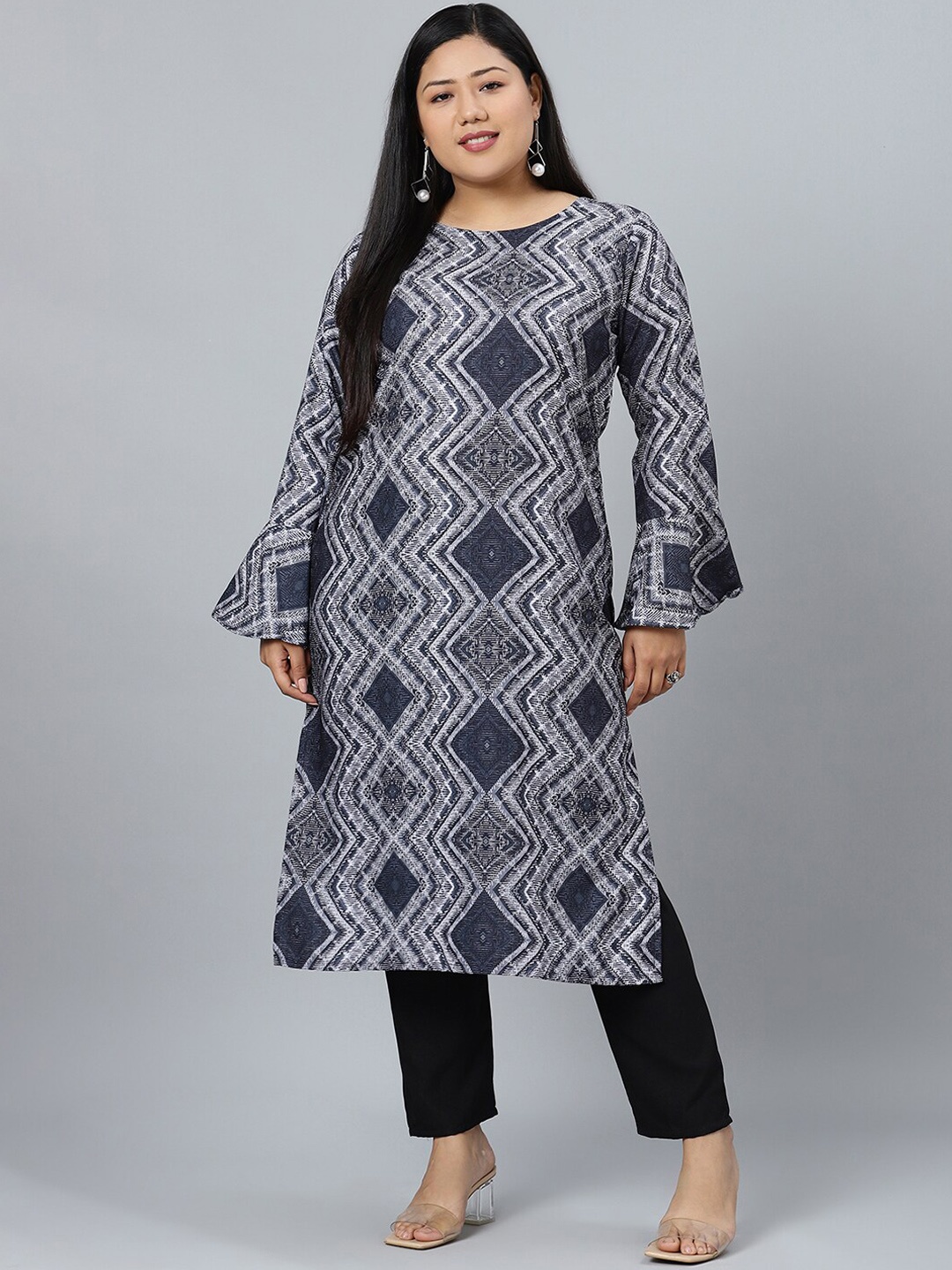 

Sztori Geometric Printed Round Neck Straight Kurta with Pant, Black