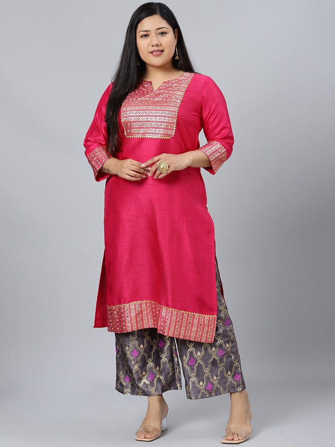 

Sztori Ethnic Motifs Printed Straight Kurta with Palazzo, Pink