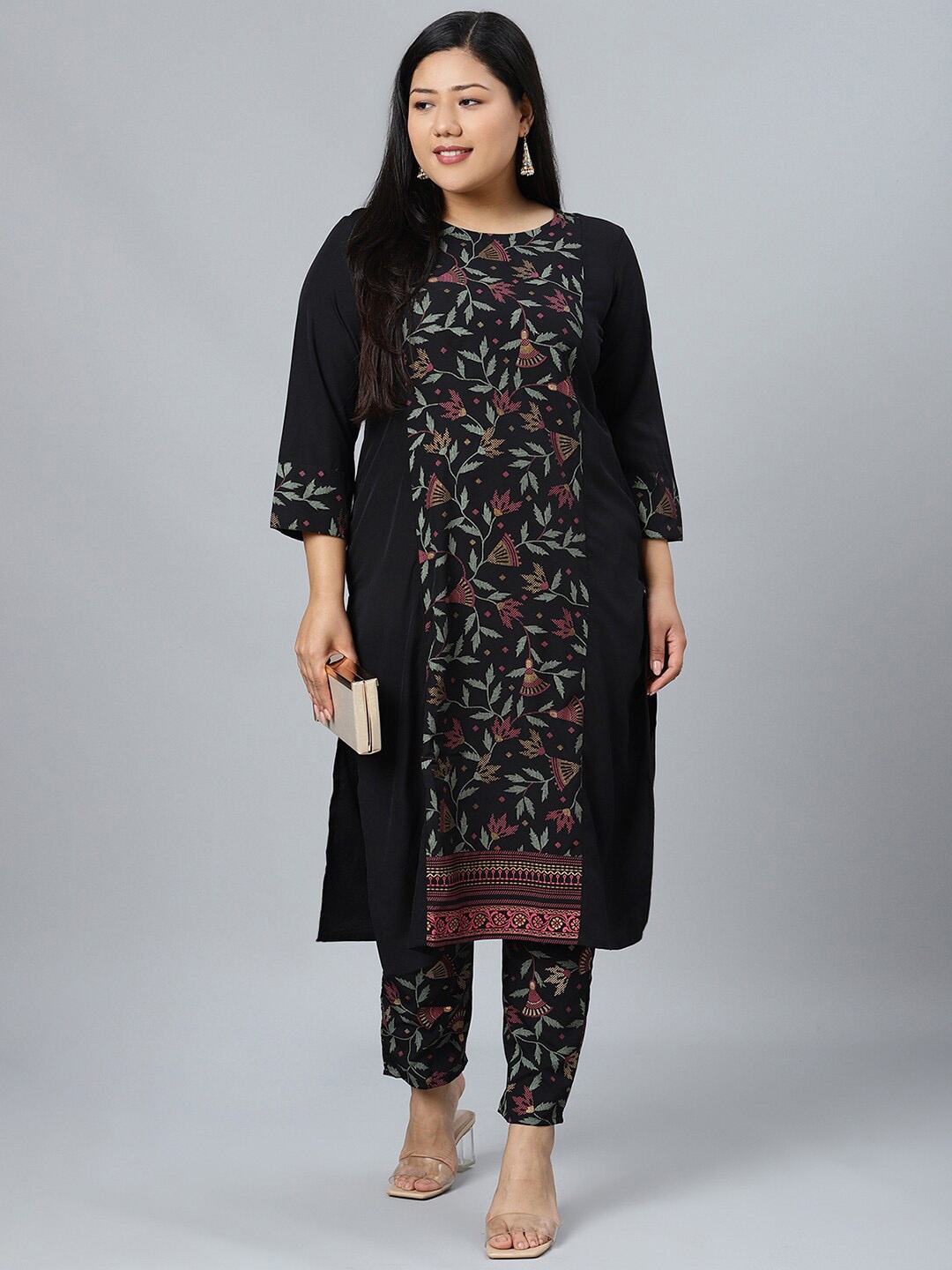 

Sztori Floral Printed Round Neck Straight Kurta with Pant, Black