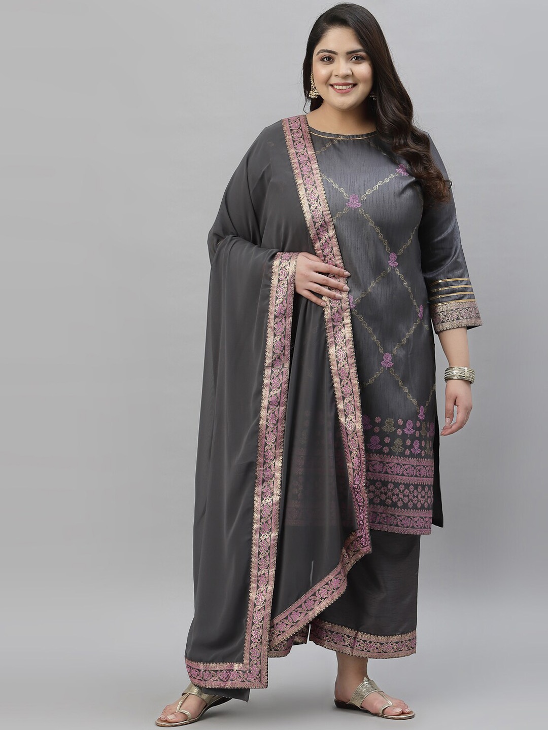 

Sztori Floral Printed Round Neck Straight Kurta with Palazzo & Dupatta, Grey