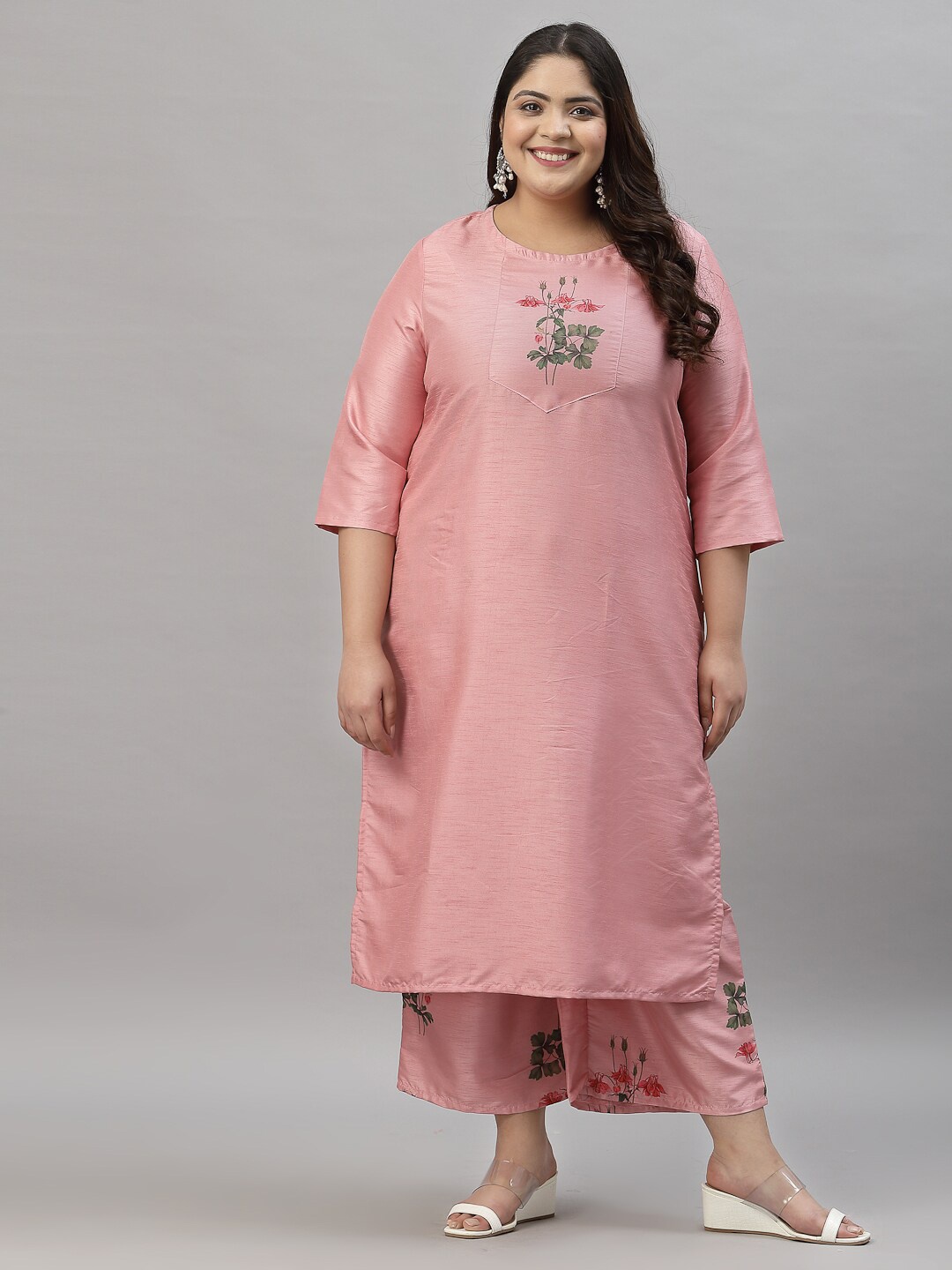

Sztori Plus Size Floral Printed Straight Kurta with Trousers, Pink