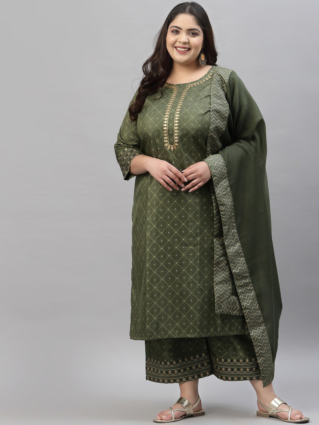 

Sztori Plus Size Ethnic Motifs Printed Straight Kurta with Palazzos & With Dupatta, Green