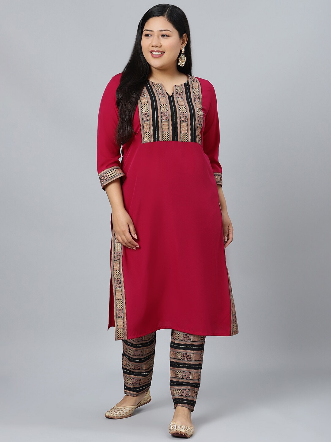 

Sztori Printed Notch Neck Regular Kurta with Trousers, Pink