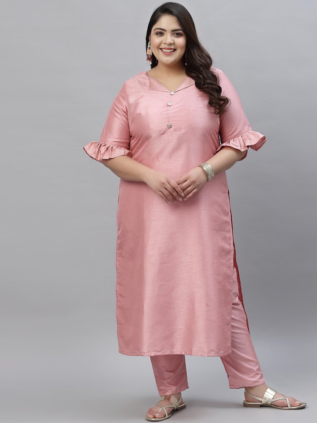 

Sztori V Neck Regular Straight Kurta with Trousers, Pink