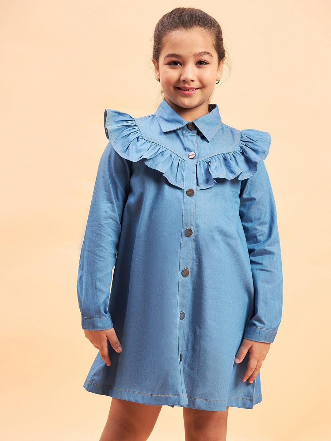 

Stylo Bug Girls Ruffled Spread Collar Long Sleeves Above Knee Length Denim A Line Dress, Blue