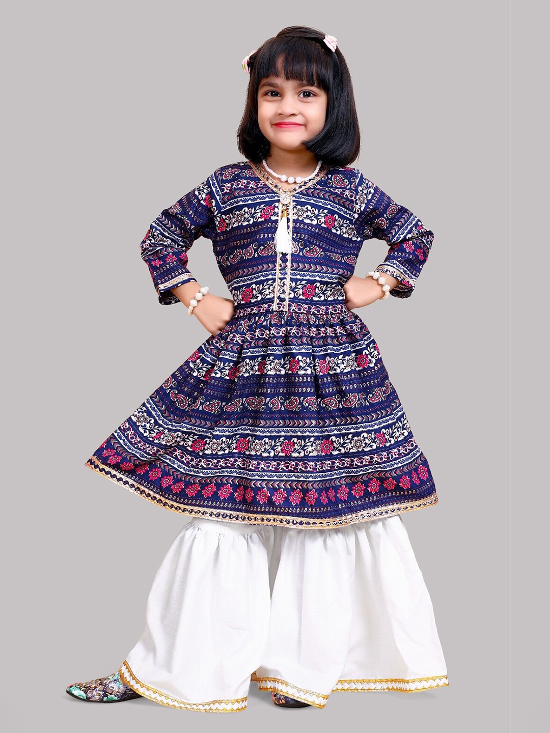 

BAESD Girls Ethnic Motifs Printed Cotton Kurta & Palazzo, Navy blue
