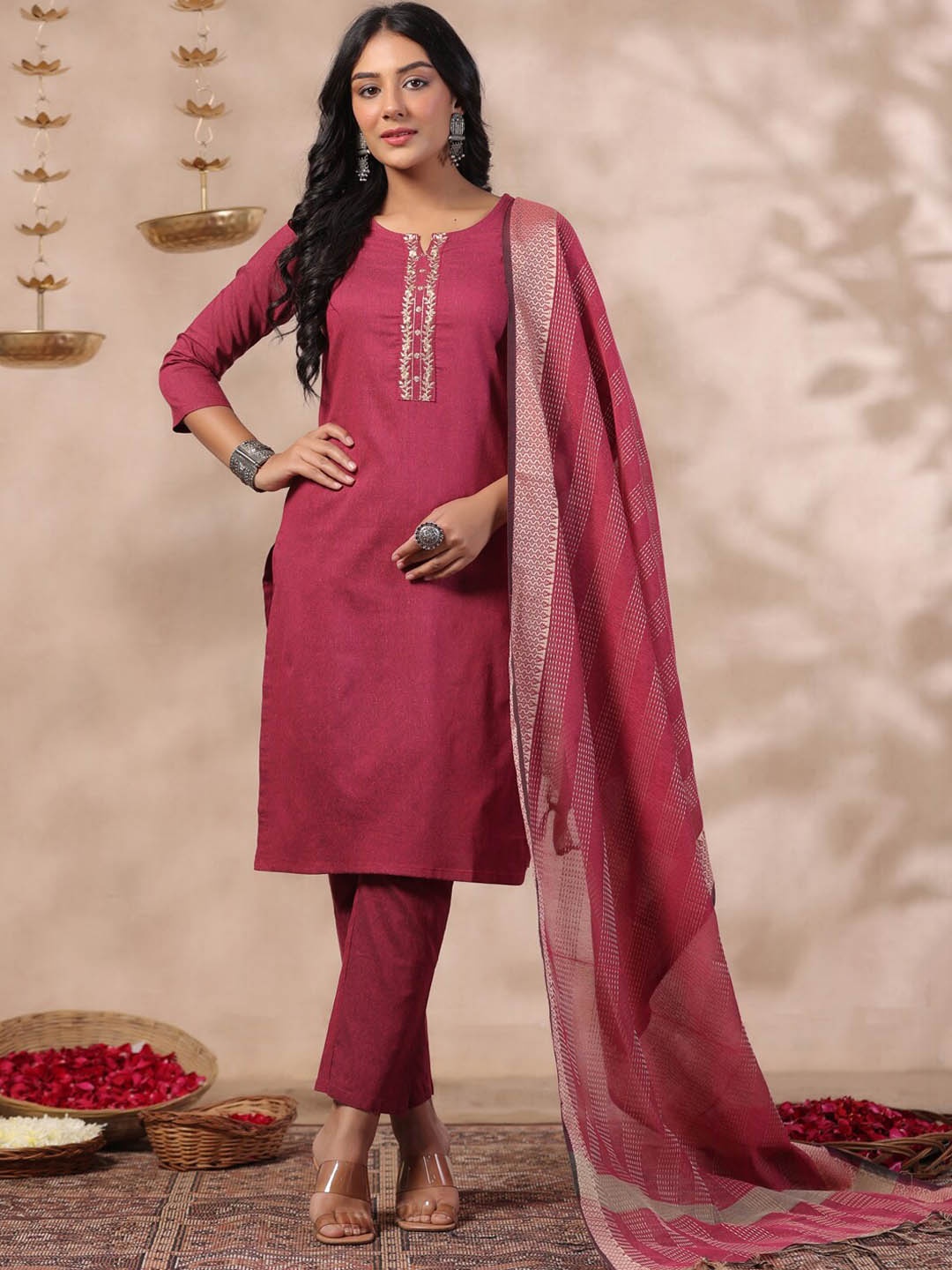 

Anubhutee Floral Embroidered Round Neck Straight Kurta with Trousers & Dupatta, Magenta