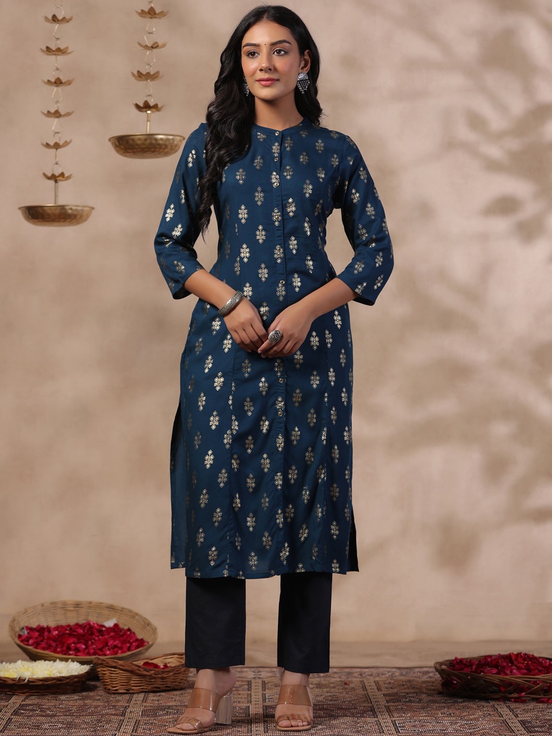

Anubhutee Ethnic Motifs Printed Mandarin Collar A-Line Cotton Kurta, Teal