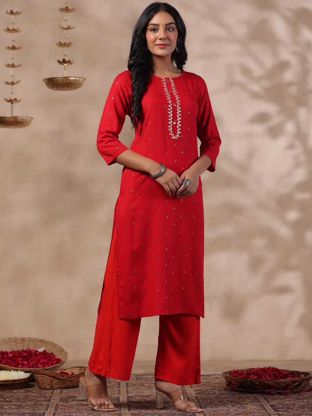 

Anubhutee Ethnic Motifs Printed Round Neck A-Line Kurta, Red