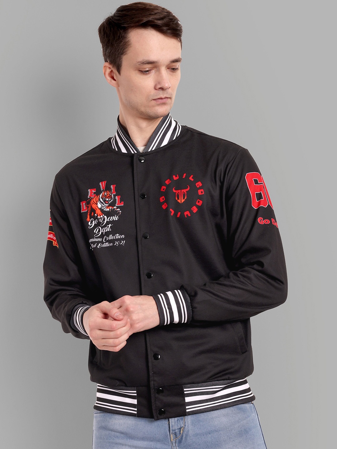 

GO DEVIL Graphic Printed Mandarin Collar Bomber Jacket, Black