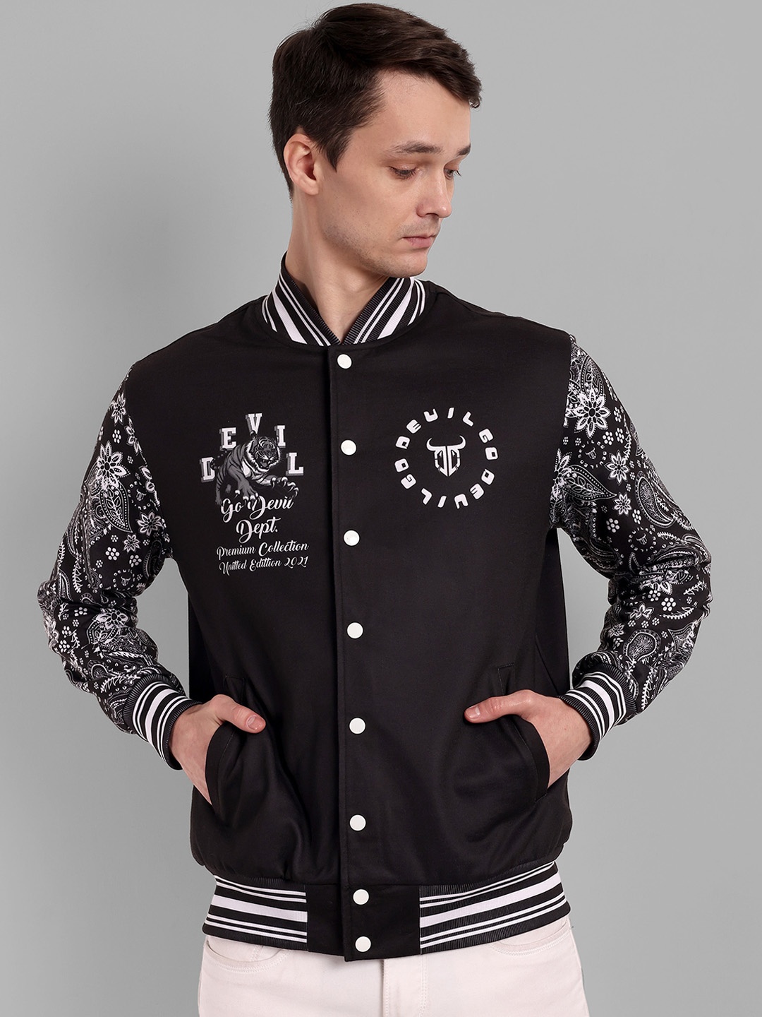 

GO DEVIL Graphic Printed Mandarin Collar Bomber Jacket, Black