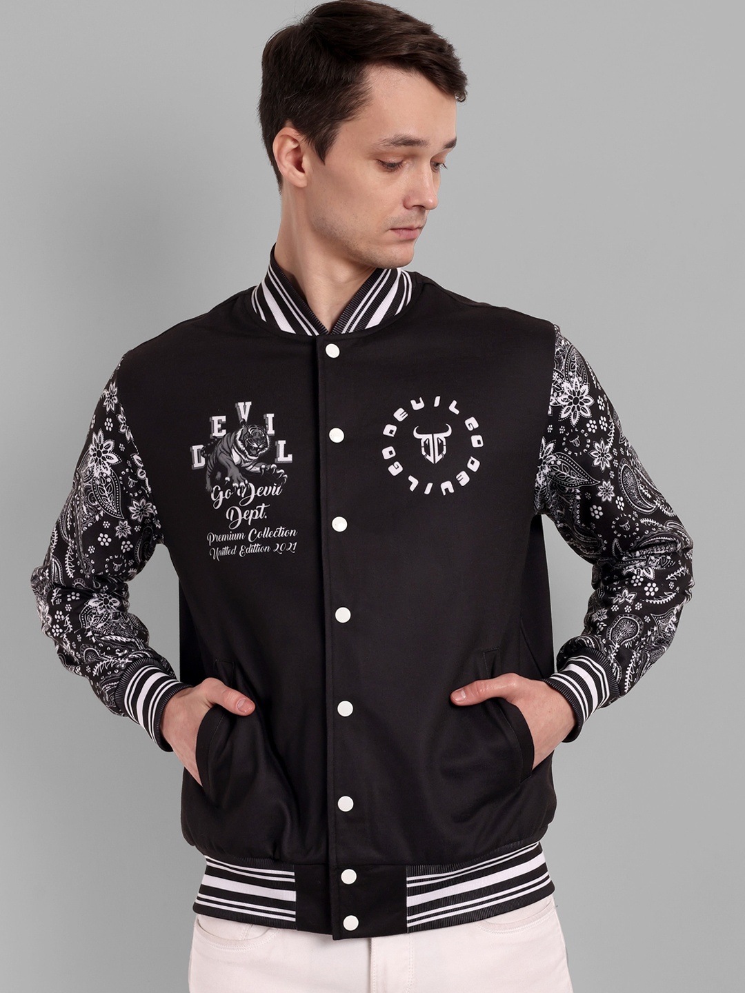 

GO DEVIL Graphic Printed Mandarin Collar Bomber Jacket, Black