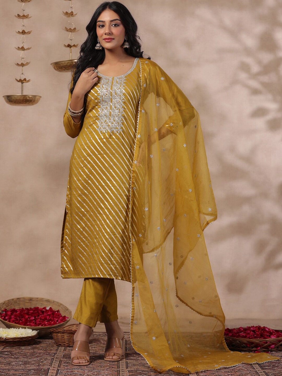 

Anubhutee Yoke Design Round Neck Pure Silk Straight Kurta with Trousers & Dupatta, Mustard