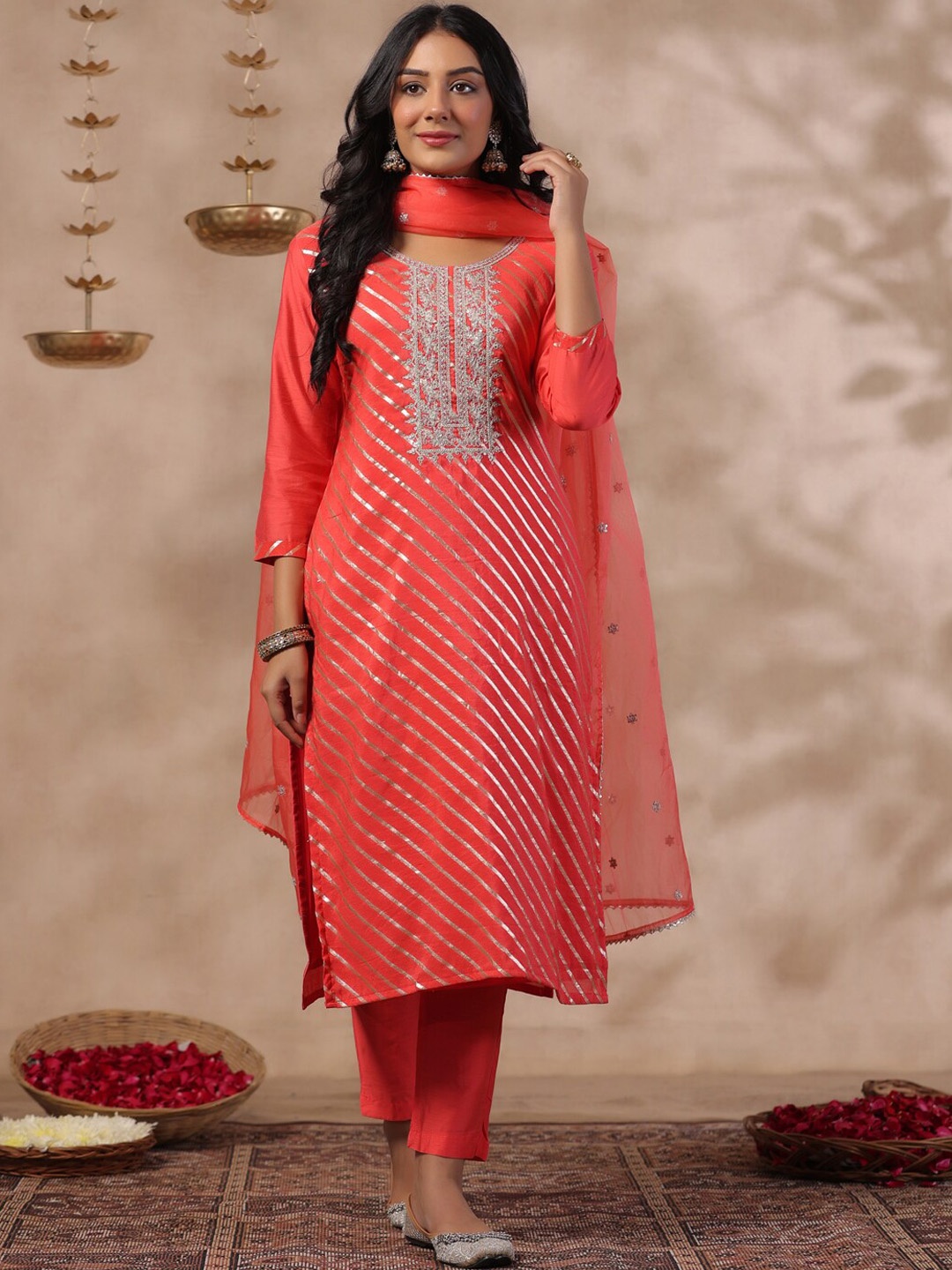 

Anubhutee Yoke Design Round Neck Pure Silk Straight Kurta with Trousers & Dupatta, Peach