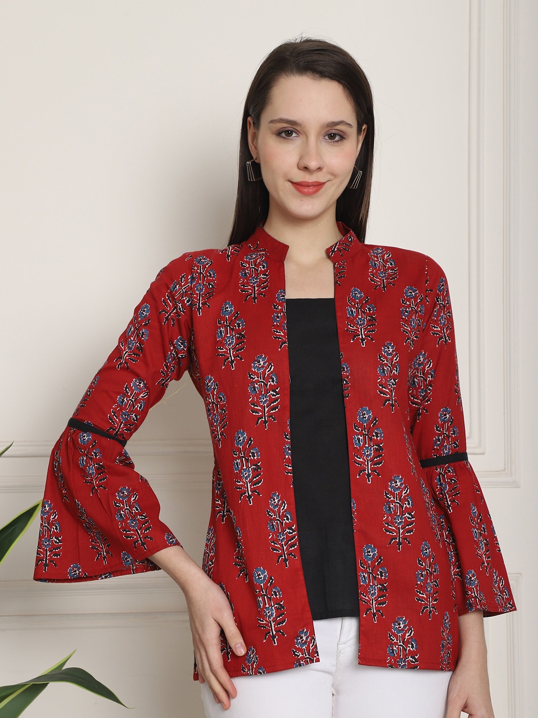 

Rajnandini Floral Print Mandarin Collar Three-Quarter Bell Sleeves Cotton Top, Maroon