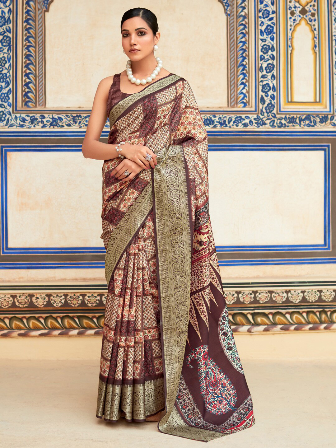 

Anouk Printed Woven Design Paisley Designer Sungudi Saree, Brown