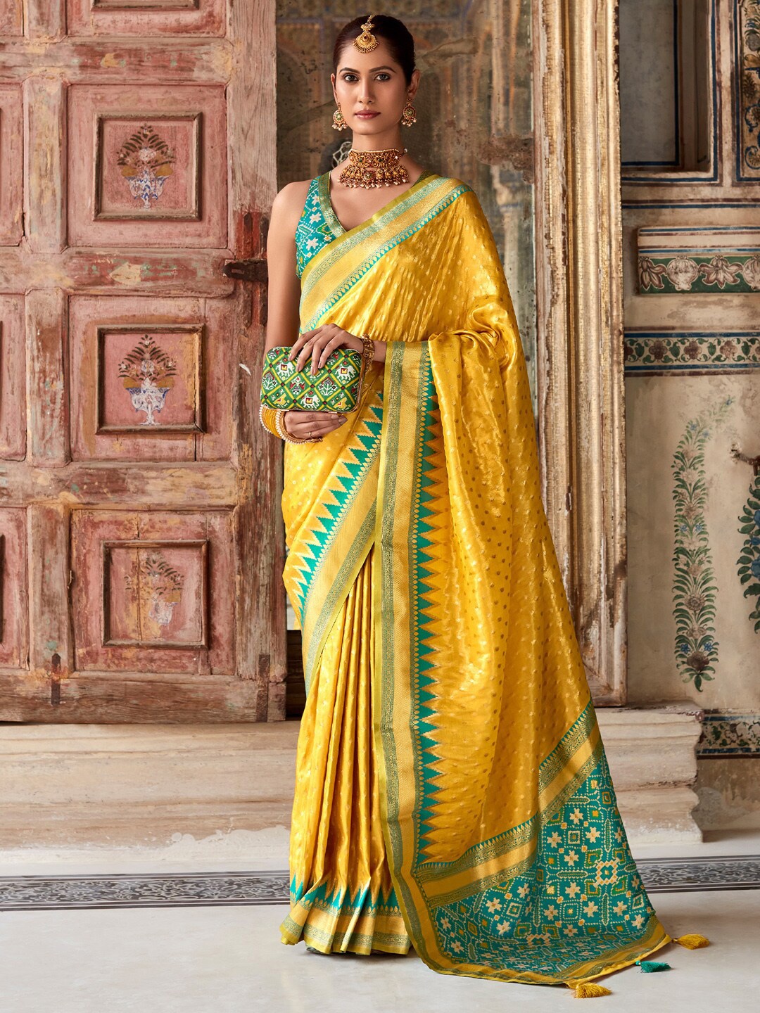 

Anouk Ethnic Motifs Woven Design Tissue Designer Kanjeevaram Saree, Yellow