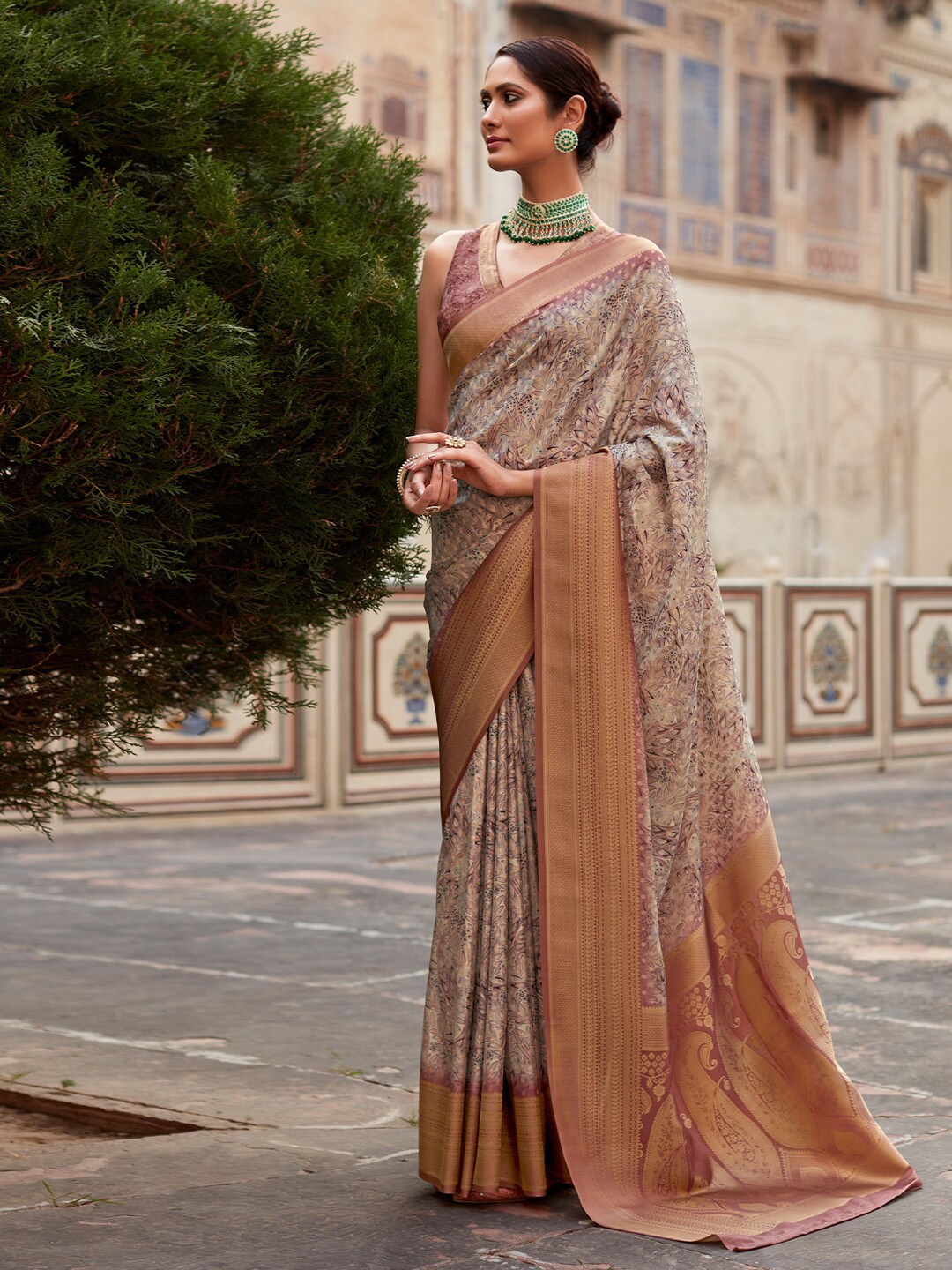 

Anouk Paisley Zari Satin Designer Banarasi Saree, Beige