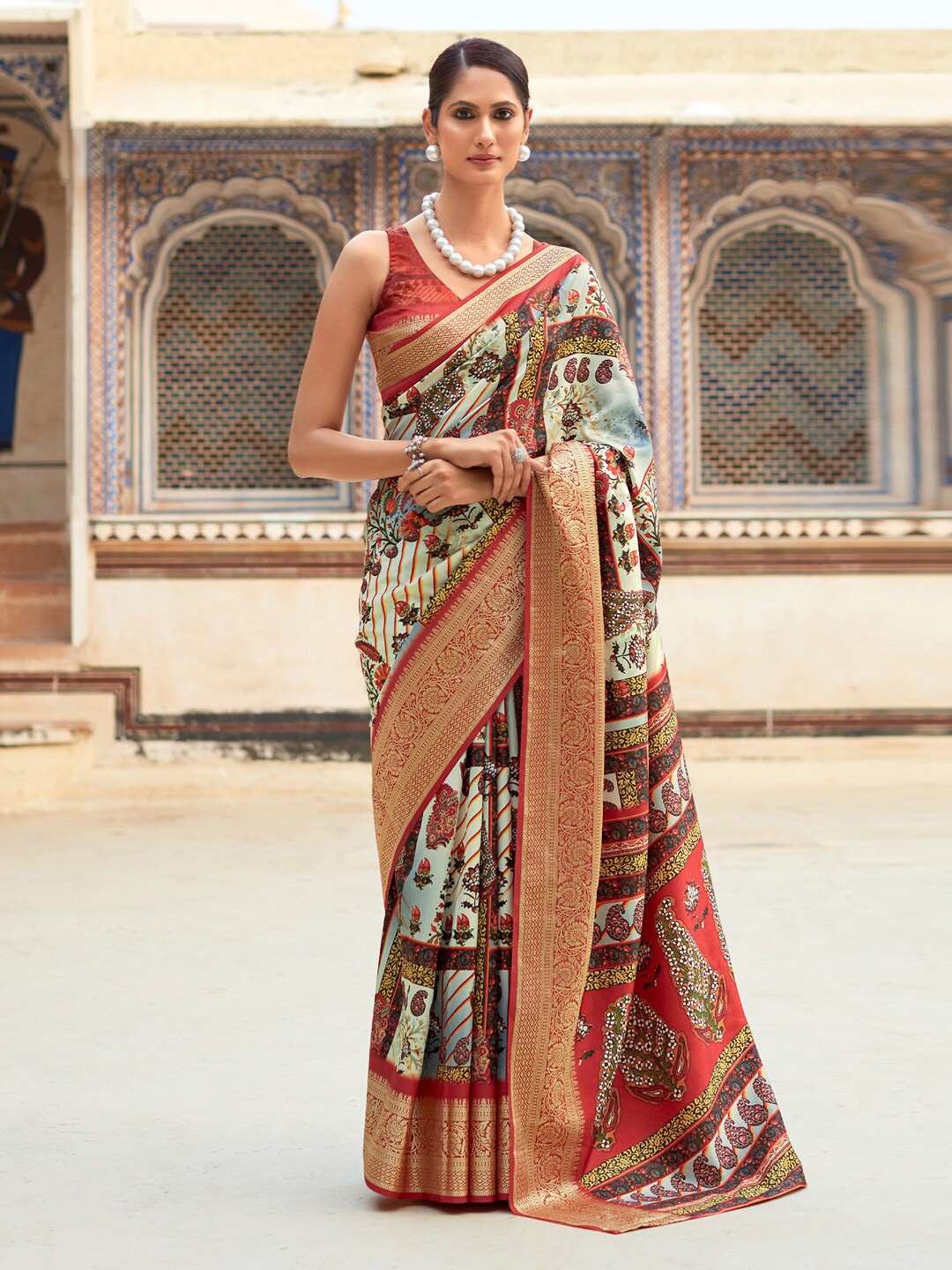 

Anouk Printed Paisley Woven Design Zari Sungudi Saree, Sea green