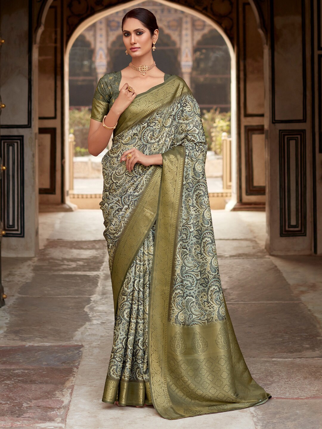 

Anouk Ajrak Block Zari Silk Blend Designer Sungudi Saree, Sea green