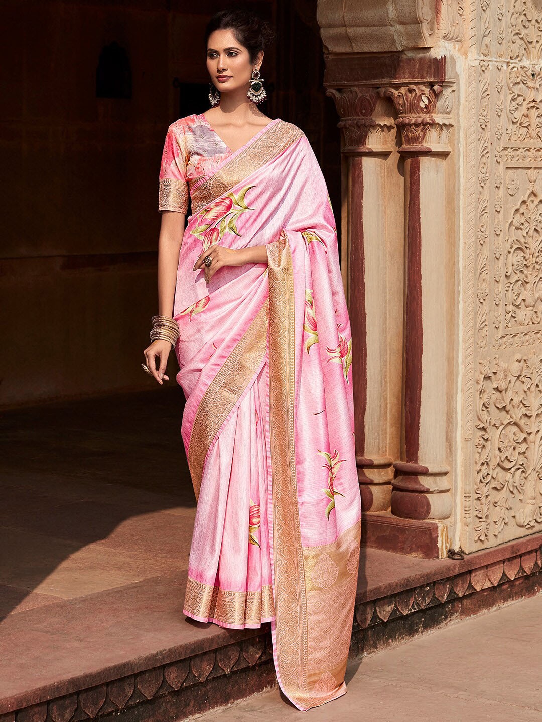 

Anouk Floral Zari Silk Blend Designer Banarasi Saree, Pink
