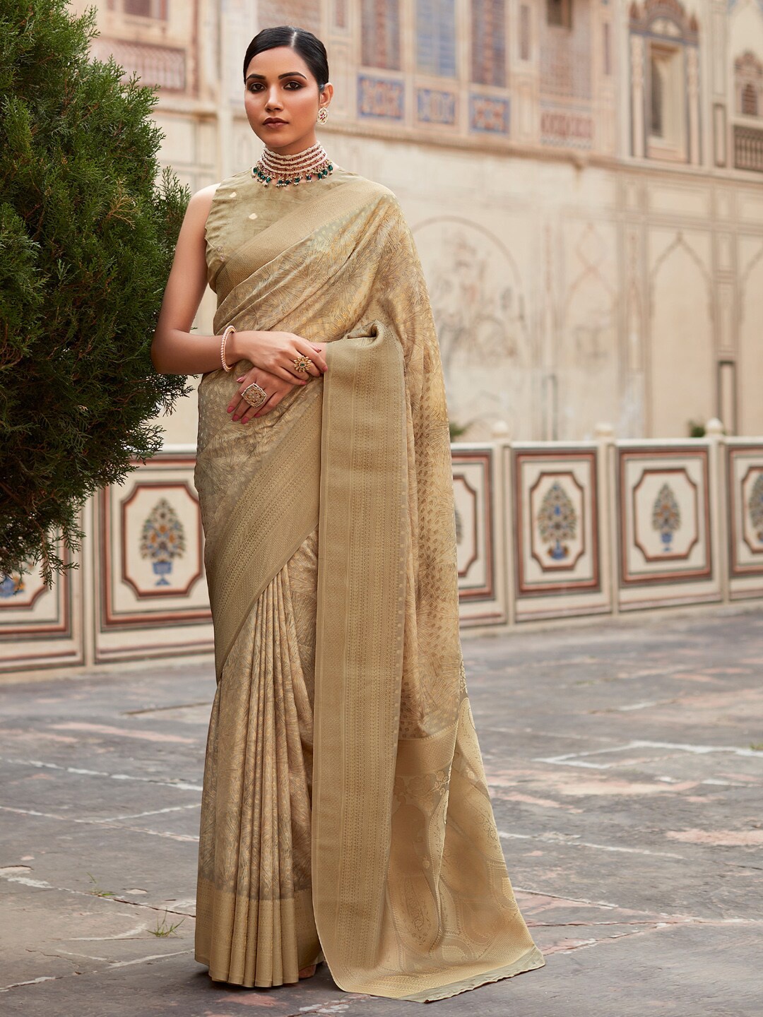 

Anouk Zari Satin Designer Banarasi Saree, Beige