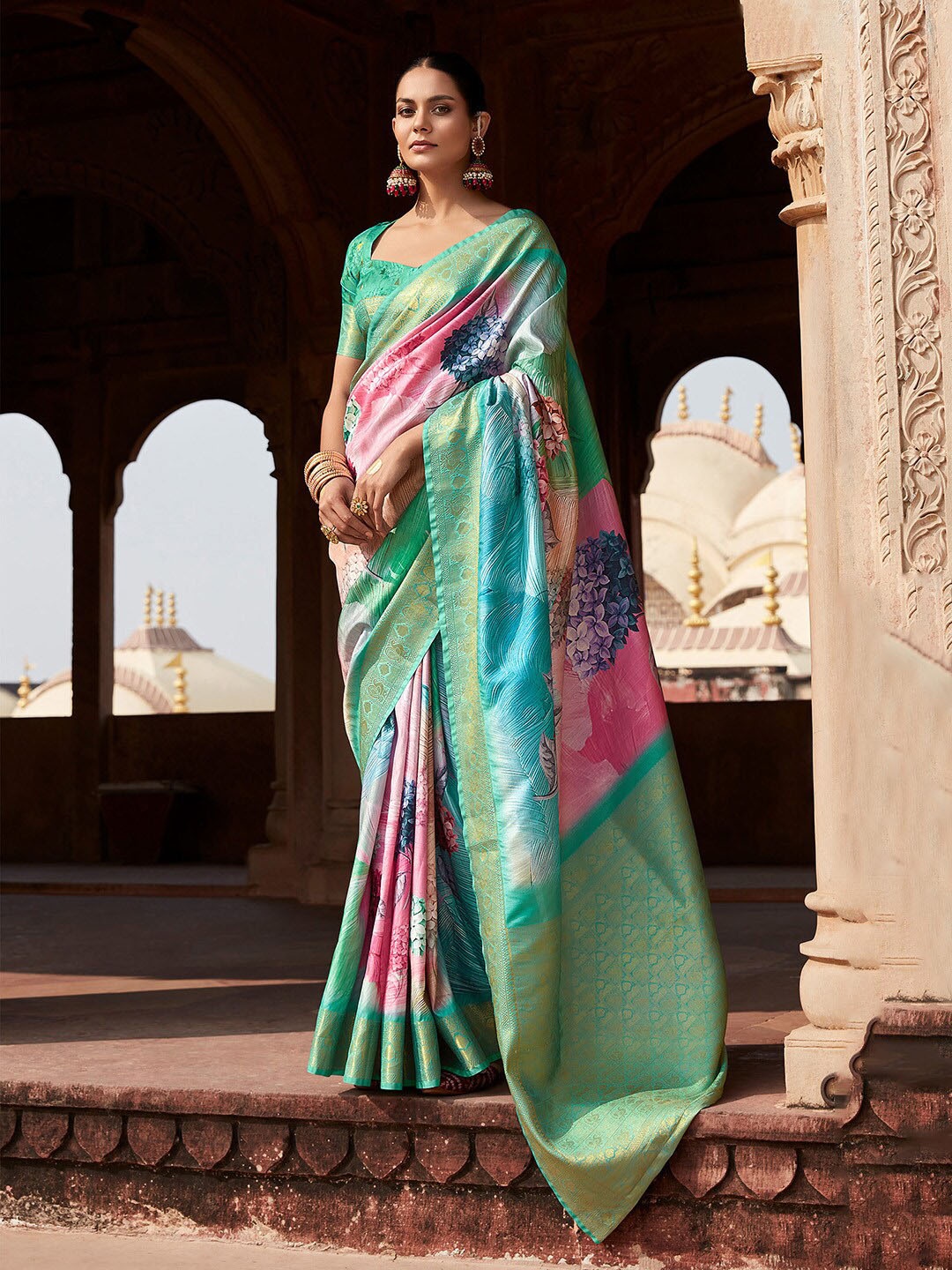 

Anouk Floral Zari Silk Blend Designer Banarasi Saree, Pink