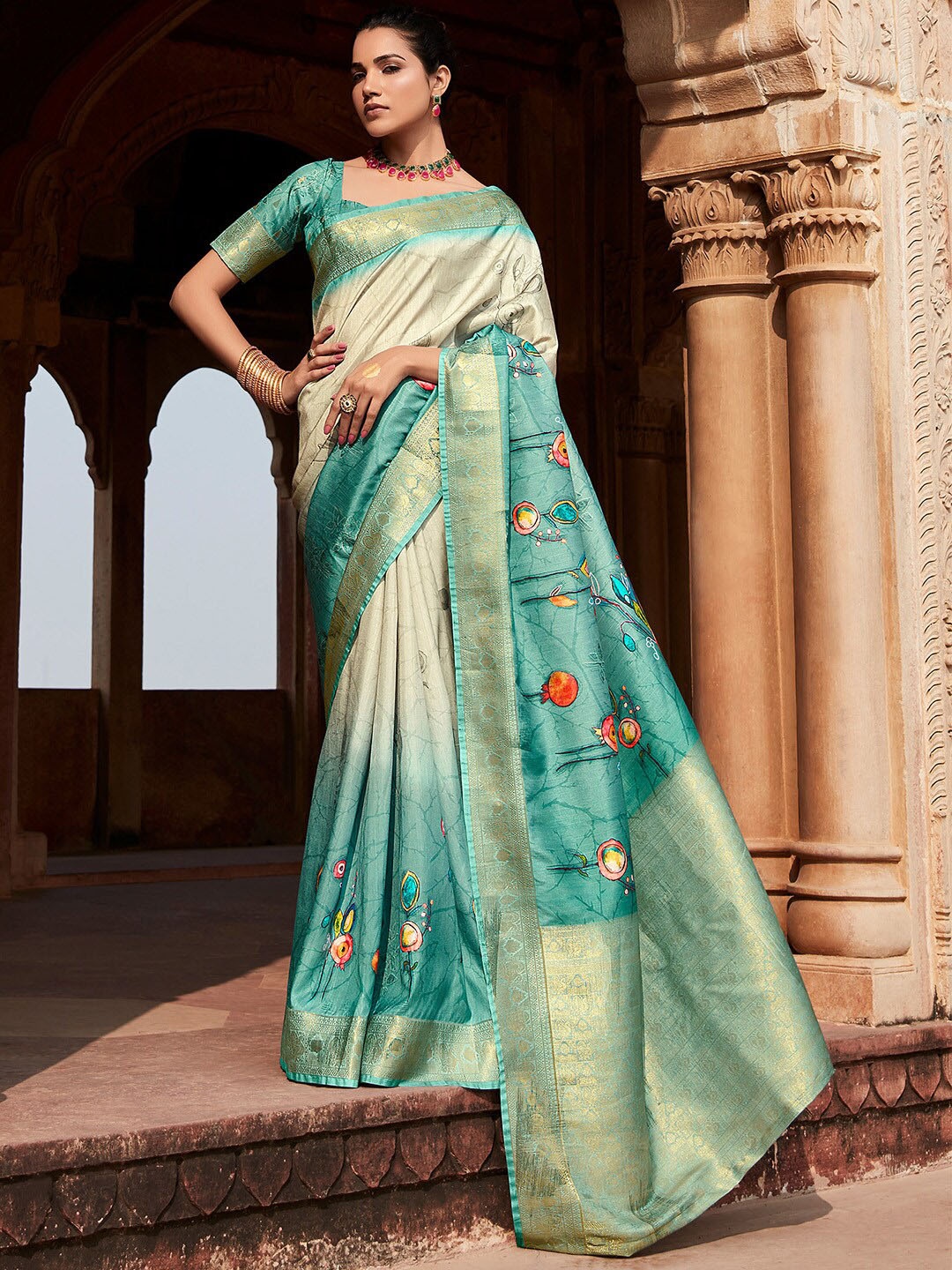 

Anouk Zari Silk Blend Designer Banarasi Saree, Green