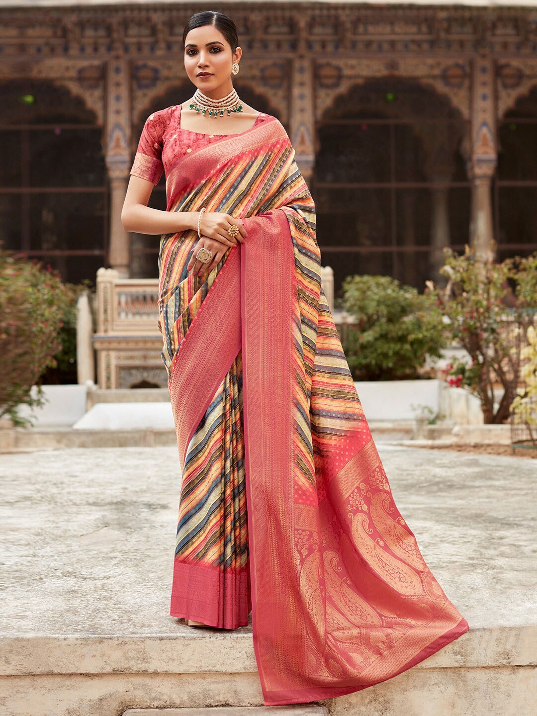 

Anouk Ethnic Motifs Zari Satin Designer Banarasi Saree, Red