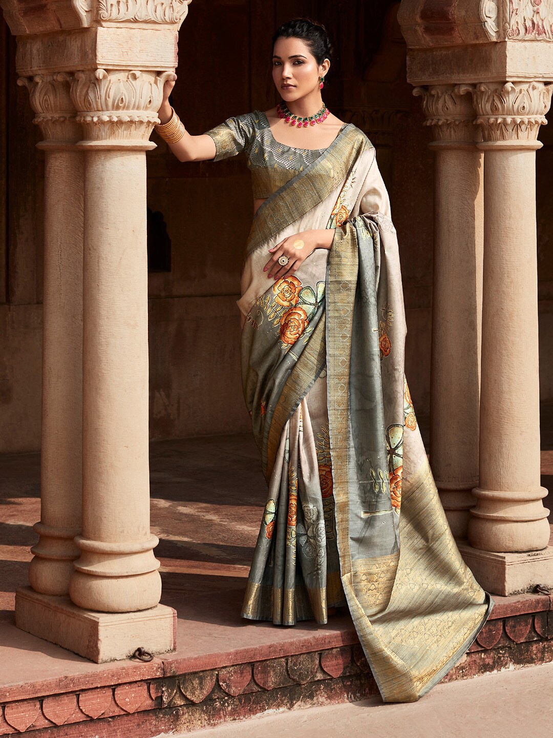 

Anouk Floral Zari Silk Blend Designer Banarasi Saree, Grey