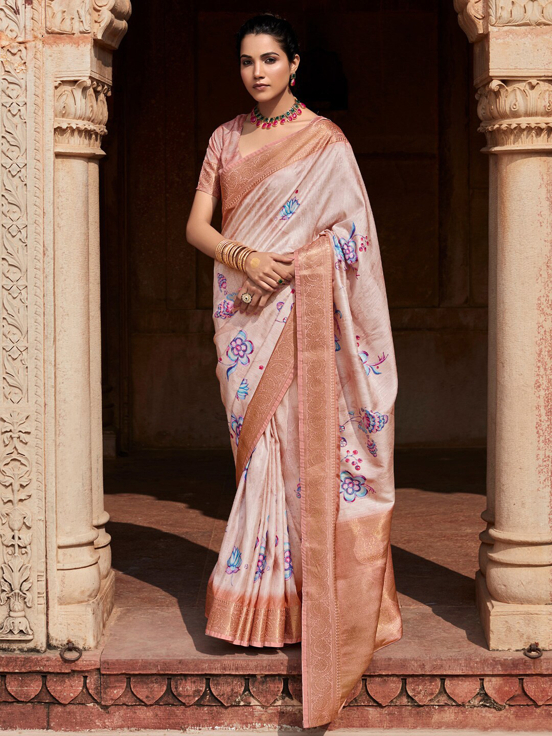 

Anouk Floral Zari Silk Blend Designer Banarasi Saree, Brown
