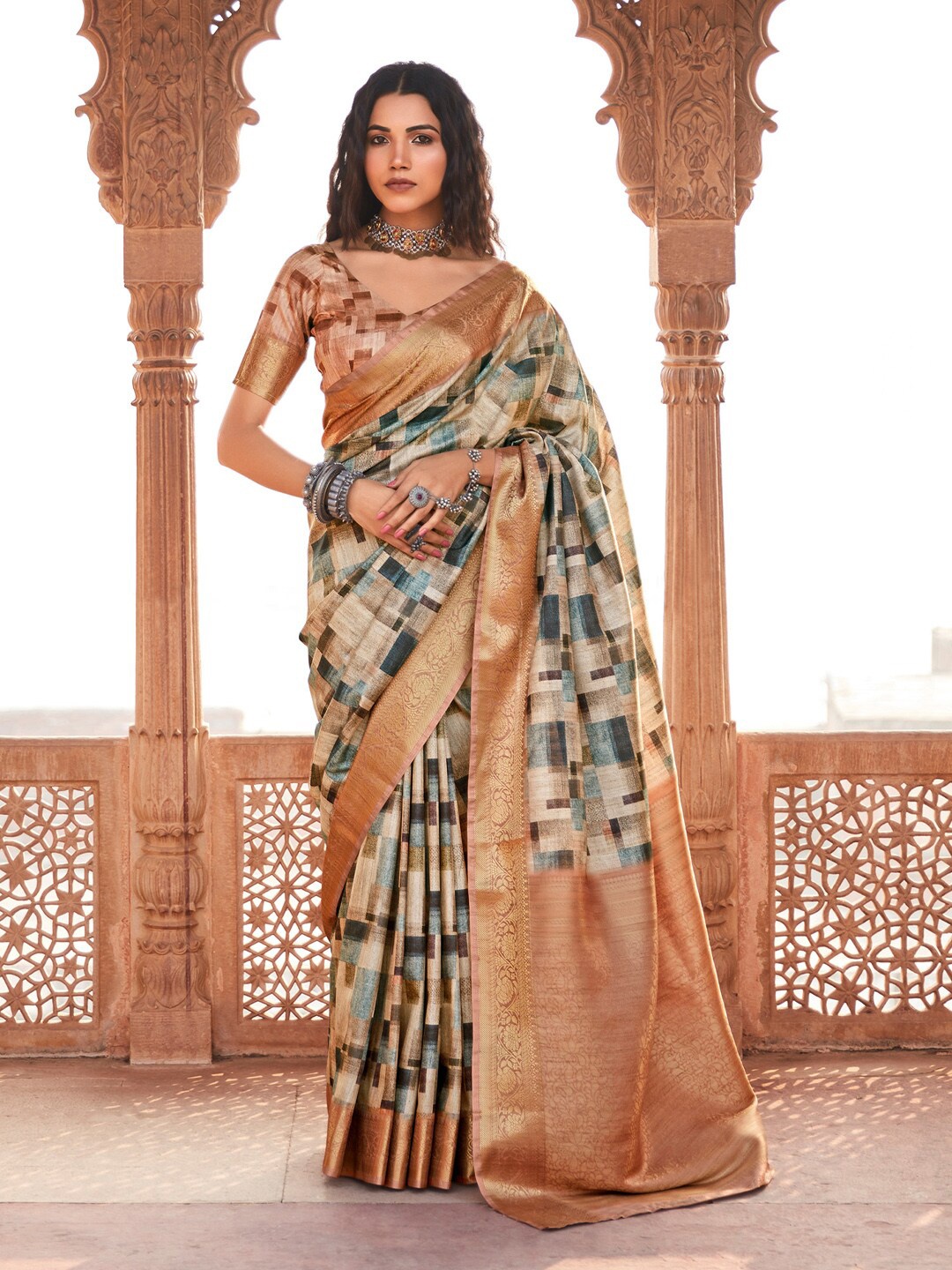 

Anouk Woven Design Geometric Designer Banarasi Saree, Brown