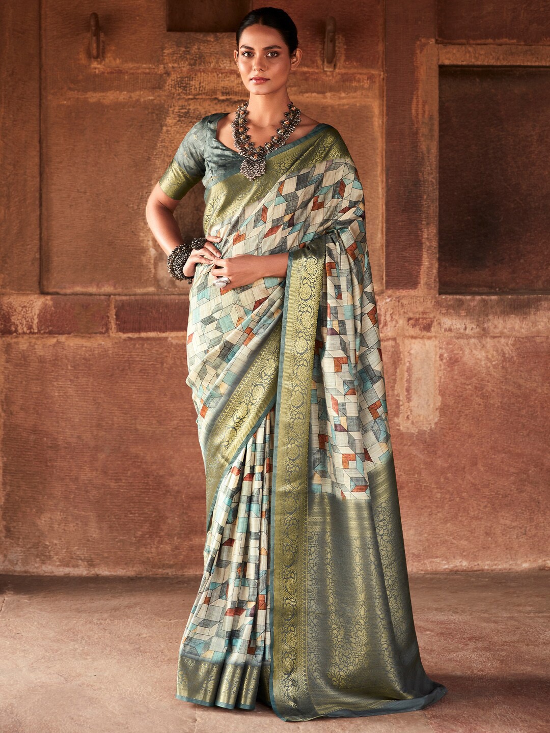 

Anouk Woven Design Geometric Designer Banarasi Saree, Grey