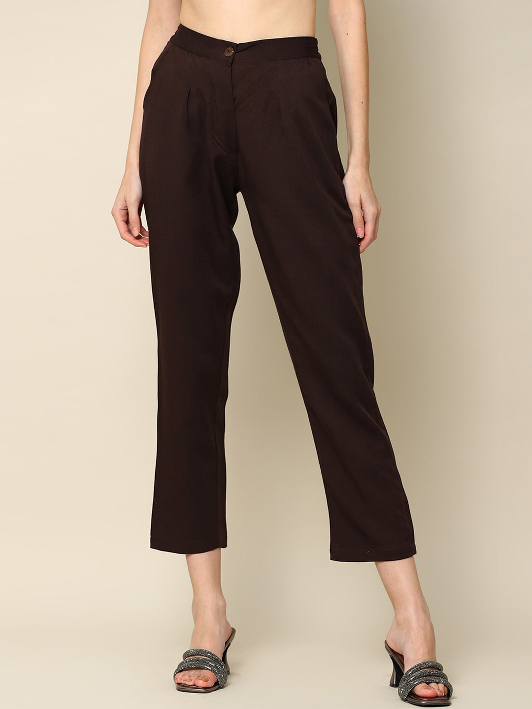 

Saltpetre Women Classic Tapered Fit Pleated Cropped Trousers, Coffee brown