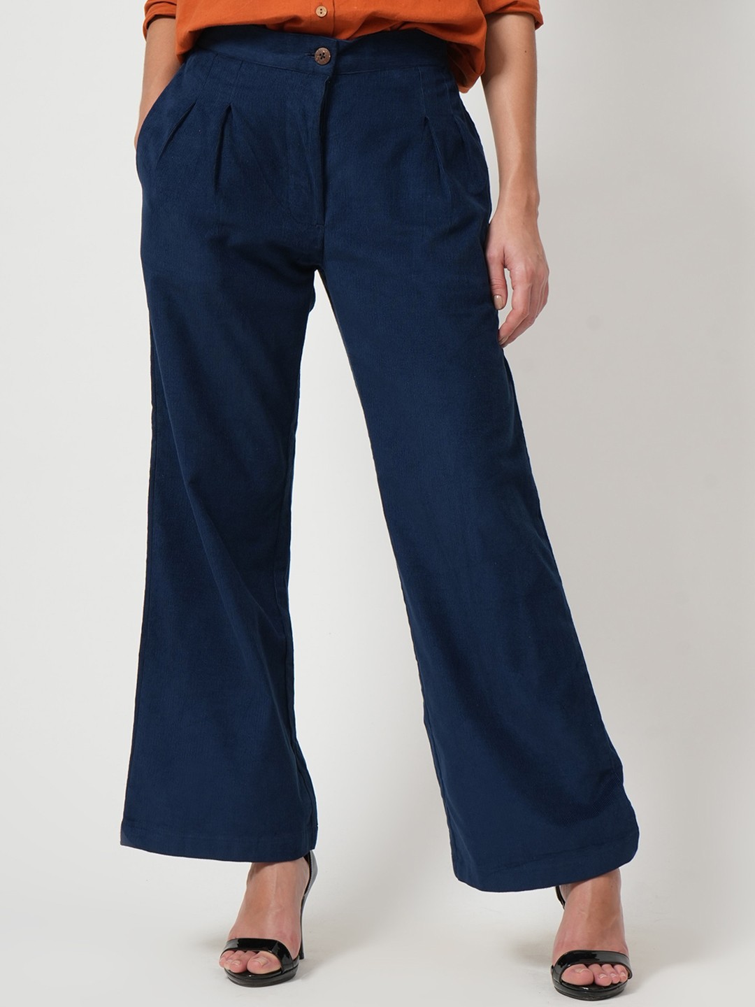 

Saltpetre Women Classic Straight Fit Pleated Corduroy Trousers, Navy blue